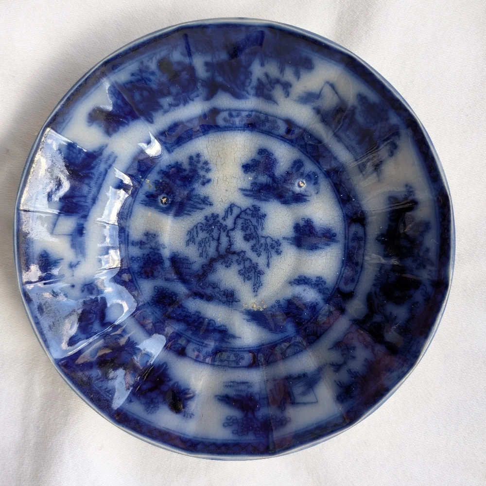 Antique J. Meir & Son England Kirkee Flow Blue Oriental Landscape Cup & Saucer
